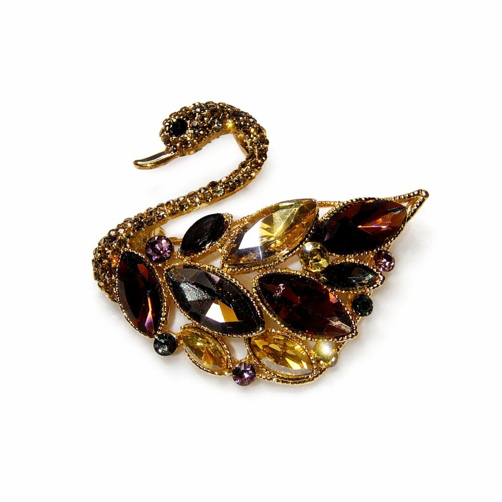 Swan‎ Brooch Pendant Gold Tone with Faceted Crystals